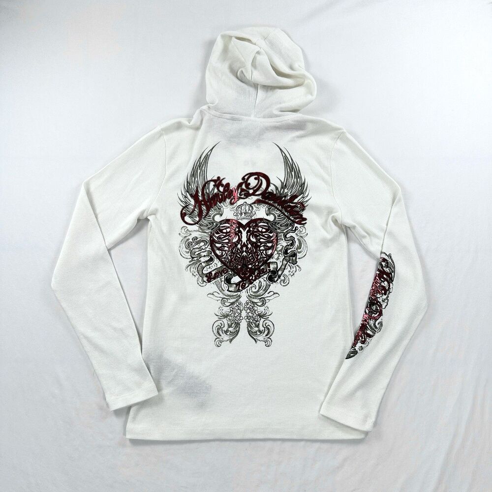 Harley Davidson Thermal Henley Hoodie Womens Medium Biker Y2K Tattoo Heart